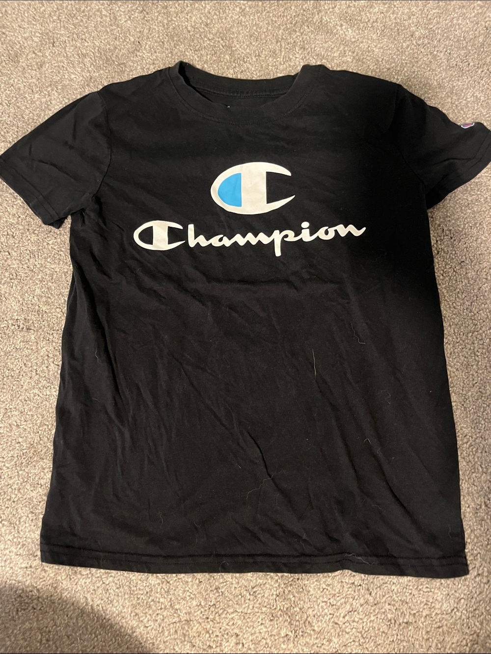 Champion Kids Black Tee with White & Light Blue Logo
